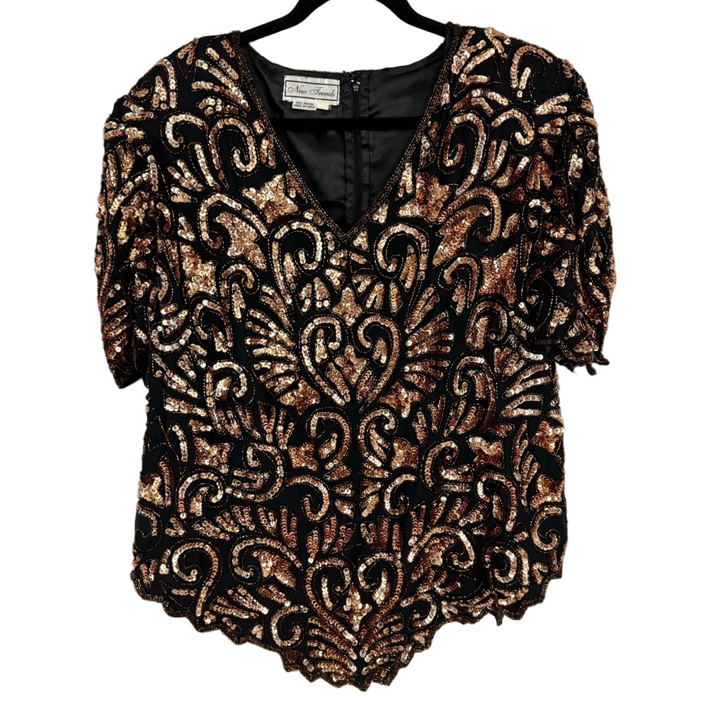 Adrianna Papell Black Gold Sequin Blouse Top Women’s XL Vintage 80s